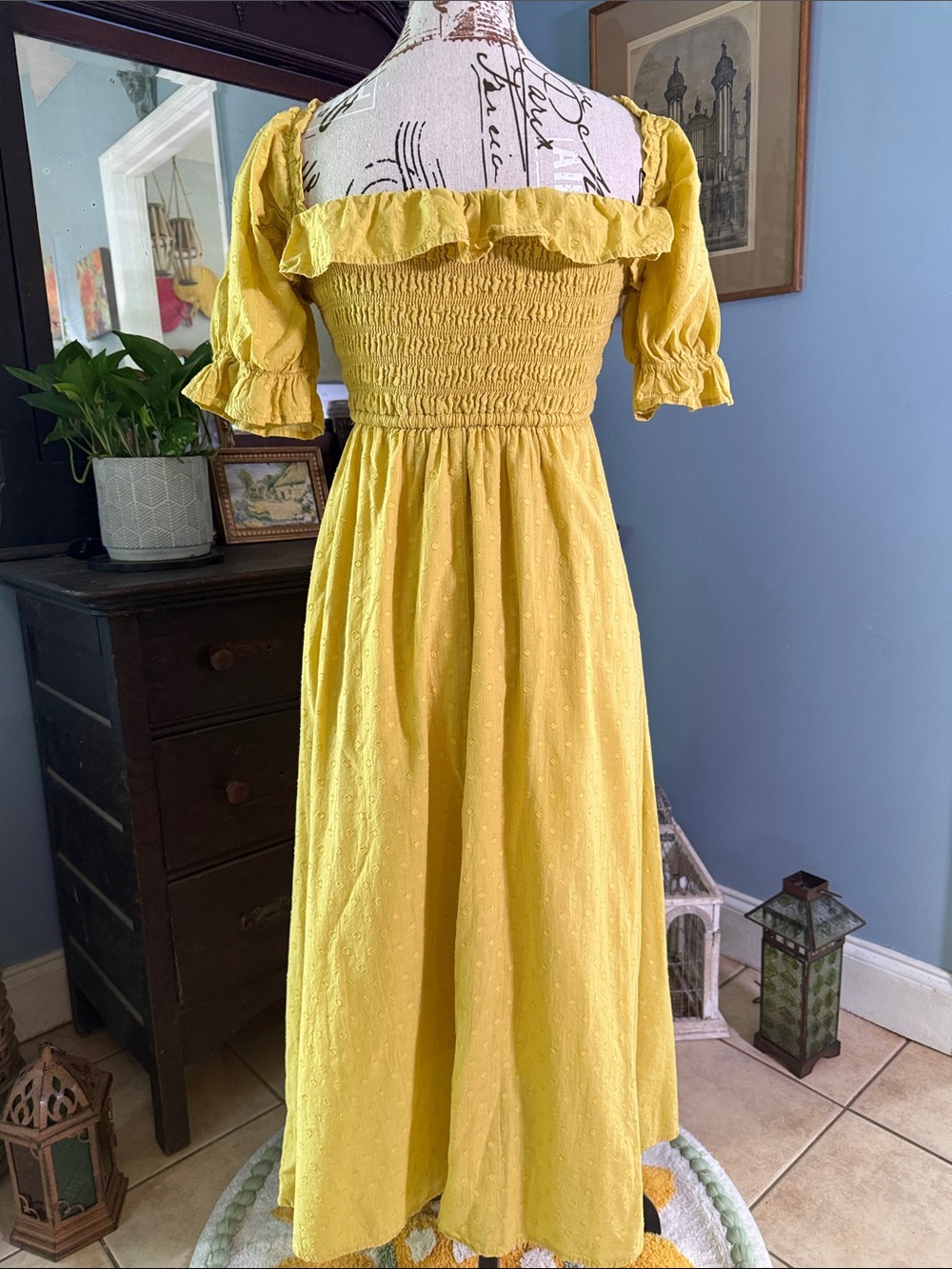 R. Yiposha Yellow Chartreuse Swiss Dot Smocked Puff Sleeve Off Shoulder Dress - Picture 6 of 13